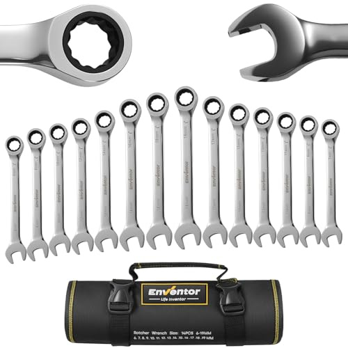 Enventor Llaves Fijas con Carraca de 14 Piezas, Juego de Llaves Combinadas con Carraca Métrico 6mm a 19mm, Acero Cromo Vanadio, 72 Dientes, Cabezal Fijo, Arco de Giro de 5°, Bolsa