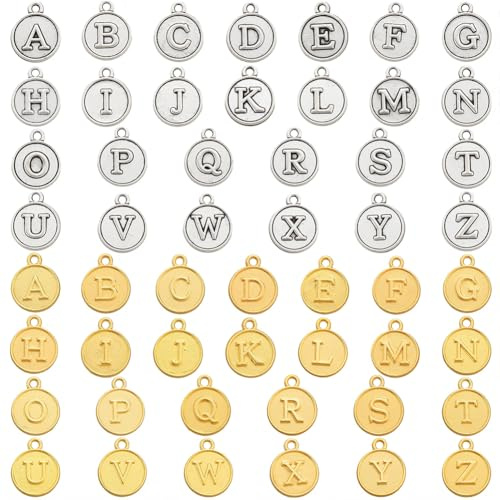 SUNNYCLUE 1 scatola Da 104 pezzi Ciondoli con Lettere Dells'Alfabeto Ciondolo Iniziale In Oro Lega Rotonda Anticata Metlega Argentato Lettere Maiuscole AZ Pendenti per Collane Bracciali Orecchini Crea
