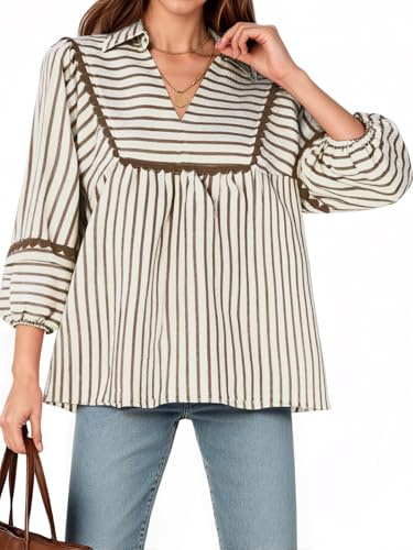 Tankaneo Womens Cute Striped Shirts V Neck Patchwork Long Sleeve Peplum Blouse Casual Loose Fit Babydoll Tops Brown