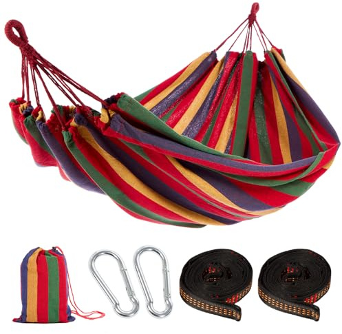 GREENSAPPIRE Cotton Hammock with Comfortable Fabric, Tree-Friendly Straps & Carabiners, Durable Portable Hammock with Travel Bag, Ideal for Garden Camping Patio Balcony Indoor & Outdoor (Red)