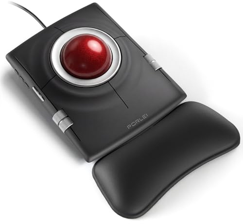 PORLEI Wired Trackball Mouse, Ergonomic Finger Control Trackball with 55mm Large Ball, 4-Level Adjustable DPI, Ambidextrous Design, Wrist Rest Included, Compatible for PC, Laptop, Mac, Windows-Red