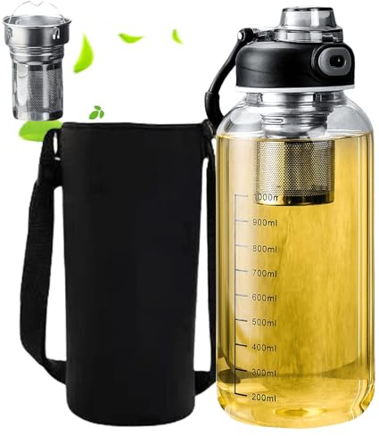Bouteille en verre réutilisable de 1 l, bouteille en verre avec filtre à emporter avec housse en néoprène et filtre en acier inoxydable, bouteille d’eau en verre pour le sport, le bureau, l’école et