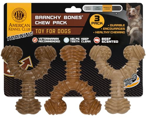 American Kennel Club 3 Pack Training Dog Chew Toy, Wood-Infused PP Spiky Wishbone Dog Toys, Durable Dog Toys for Moderate Chewers, Beef Scented for Long-Lasting Engagement, Supports Dental Health