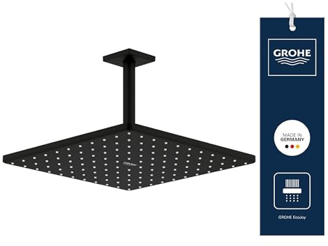GROHE Rainshower 310 Cube, Deckenbrause wassersparend (Duschkopf für die Deckenmontage mit 1 Strahlart, 42cm Brausearm, Kopfbrause mit Antikalk-System), phantom black, 26566KF0