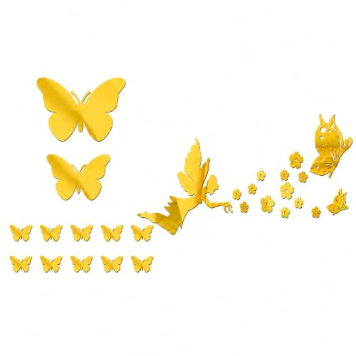 ARYIMYDP 28 piezas pegatinas pared espejo acrílico dorado, mariposas y ángeles adhesivos 3D, decoración mural removible para salón dormitorio pasillo infantil decoración dorada hogar fiesta