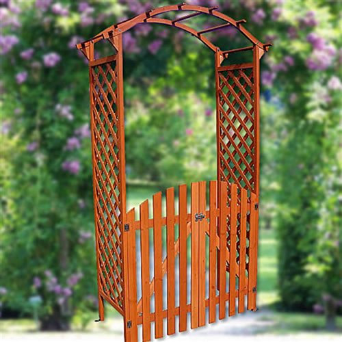 Melko Rosenbogen aus Holz Braun Rankgitter Laubengang Torbogen mit Tor Halbbogen Spalier Rankhilfe für Kletterpflanzen Gartenbogen Pergola