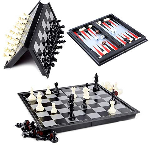 Schachspiel Magnetisch, Hoshin Schach/Dame/Backgammon 3 in 1 Set tragbare Faltbare Reise Magnetische Schachbrett (25x25x2cm)