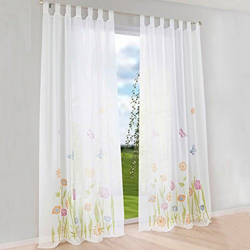 HongYa 1er-Pack Schlaufenschal Voile Gardine Transparenter Vorhang Floral Dekoschal H/B 145/150 cm Grün