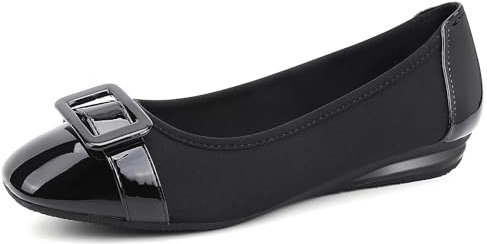 Greatonu Women's Flats Square Toe Ballet Buckle Soft Walking Slip-on Dress Shoes Black Size 5.5