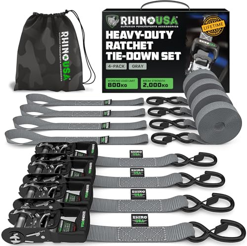 Rhino USA Sangles à Cliquet (Lot de 4) 4cm x 2,4m - Sangle d'Arrimage | 2.000kg Résistance à la Rupture, Cliquet, Crochets S & Boucles Souples. Pour Camion, ATV, UTV, Moto & Cargo. Gris