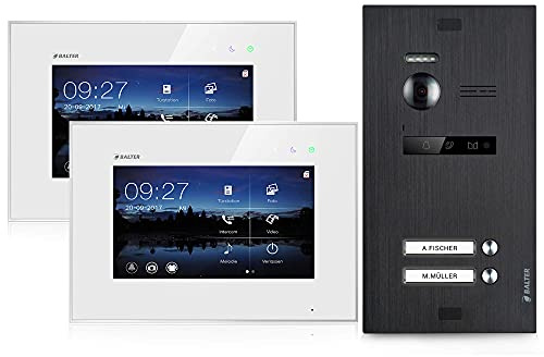 Balter EVO Video Türsprechanlage, Touchscreen, 2X 7 Zoll Monitor, Türstation für Zweifamilienhaus Türklingel mit Kamera 150° Weitwinkel 2-Draht Bus, Weiß/Schwarz