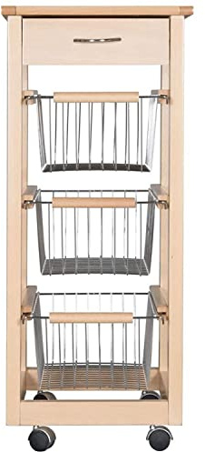 MarvinWeb Carrello Cucina SALVASPAZIO in Legno di FAGGIO con CASSETTO E CESTI CONTENITORI 4 Ruote GIREVOLI PORTAPANE PORTAFRUTTA (Naturale)