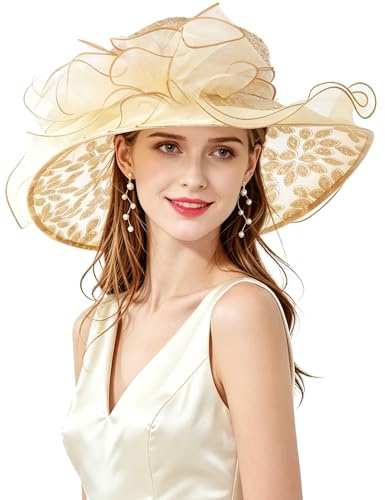 ELLYDOOR Damen Kentucky Derby Hut Organza Eimer Sonnenhut breite Krempe Fascinator Braut Hochzeit Tee Party Hut