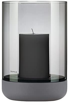 Windlicht CALMA | Kerzenhalter aus hochwertigem Beton und Smoke Glas | Farbe Steel Gray | Größe L | 15L x 15B x 22,5H cm | Indoor | exkl. Kerze