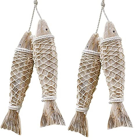 WANGCL 4 piezas de madera para decoración de peces tallados a mano para el hogar, interior, patio, porche, oficina decoración temática de playa (S)