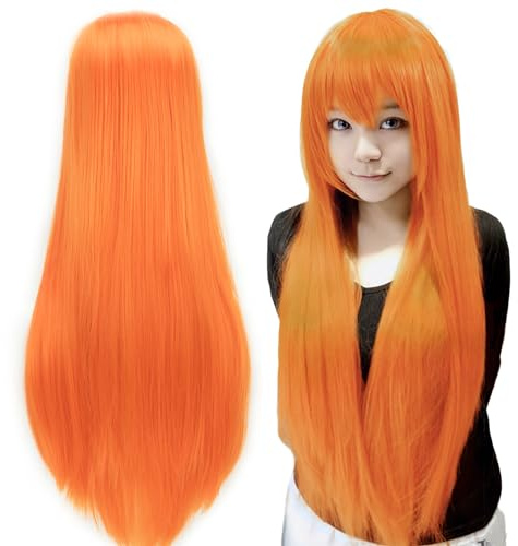 IMISSU 80 cm langes glattes Naturhaar Cosplay Perücken mit Pony Bunt Halloween Kostüm Party Perücke Haarverlängerungen (Fluoreszierend Orange)