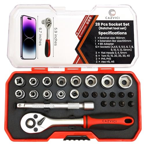 28Pack 1/4 Sockets Set & Tool – Quick Release 72-Tooth Ratchet Set with Extension Bar, Bit and Sockets – Chrome Vanadium Metric Tool Kit for Home, DIY & Car Repair (Socket Set)