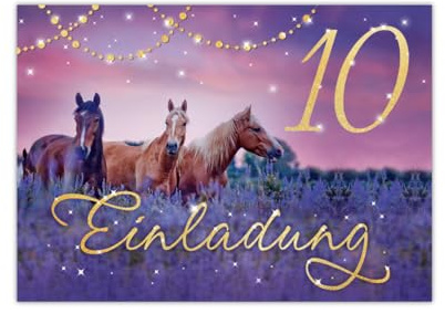 Junapack 12 Einladungskarten zum 10. Kindergeburtstag Pferd Motiv zum zehnten Geburtstag für Mädchen Karte Einladung mit Pferde Fohlen lila Glitzer