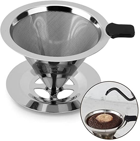Kerry Coffee Filter, Reusable Stainless Steel Mesh Dripper, Permanent Pour Over Coffee Dripper, Paperless Drip Cone Coffee Filter with Holder Kitchen Tools for Manual Coffee Maker, 1-4 Cups