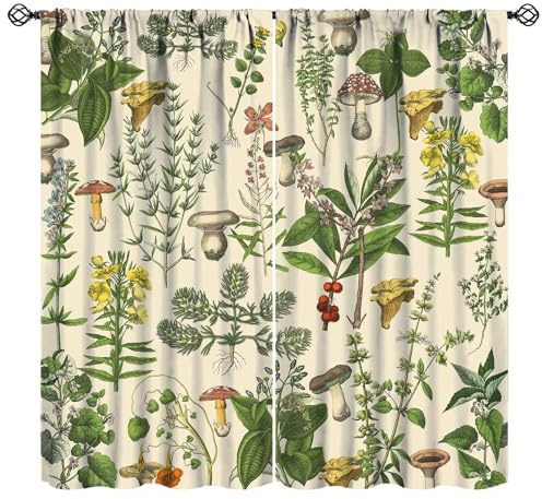 Vintage Botanical Curtains,Antique 1900s Plants Herbs Mushroom Blackout Window Drapes for Kitchen,Boho Retro Wildflower Green Leaf Ferns Farmhouse Window Treatment for Living Room 52x84in