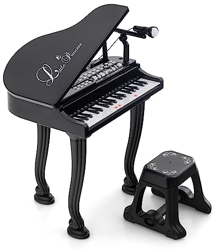 GOPLUS Jouet de Piano Électronique à 37 Touches pour Enfants, Clavier Électronique avec Tabouret, Microphone & 3 Modes d'apprentissage, Piano Électronique, Cadeau Parfait pour Tout-Petits (Noir-37)