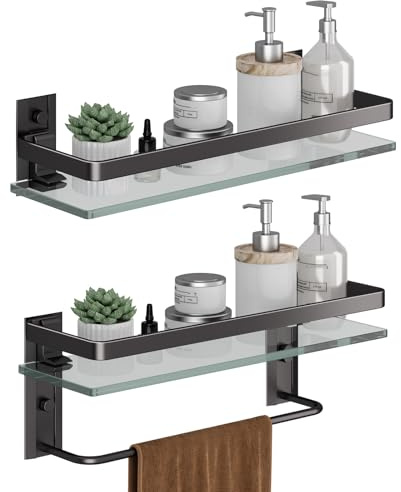 Danpoo Noir Étagères de Salle de Bain Ensemble Étagère de Douche en Verre Étagère Murale Rangement Douche avec Tablette