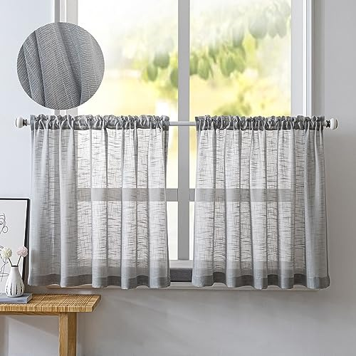 NSXIN 2er Set Scheibengardinen Halbtransparent Bistrogardine Gardinen Weiss Fenstervorhang Halb Küche Vorhänge Fensterschal für kleine Fenster Küche Wohnzimmer Landhaus (Grau,B 90 x H 45 cm)