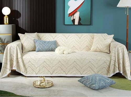 Mesnt Sofahusse 2 Sitzer, Beige Couchschutz für Haustiere Einfache Bergstruktur mit Spitze aus Chenille, 180x230cm