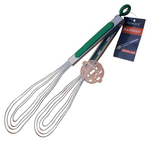 Multifoody® - 3 in 1 Küchenzange, Pfannenwender und Schneebesen mit flexiblen Greifzangen aus rostfreiem Edelstahl (Grün)