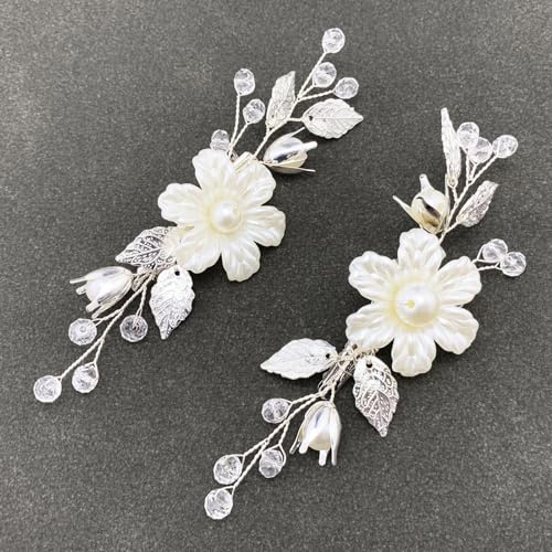 PRETTYLIFE Pearls Flower Hair Clips 2pcs Bridal Ivory Floral Silver Leaf Vine Hair Pieces Accessories for Wedding Women