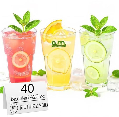 G.M. DISTRIBUZIONE 40 Bicchieri Cocktail da 420 ml, Lavabili, Trasparenti in PP, Infrangibili, Riutilizzabili, per Cocktail, Long Drink, Gin Tonic, Mojito, Aperol Spritz, Feste, Party, Made in Italy
