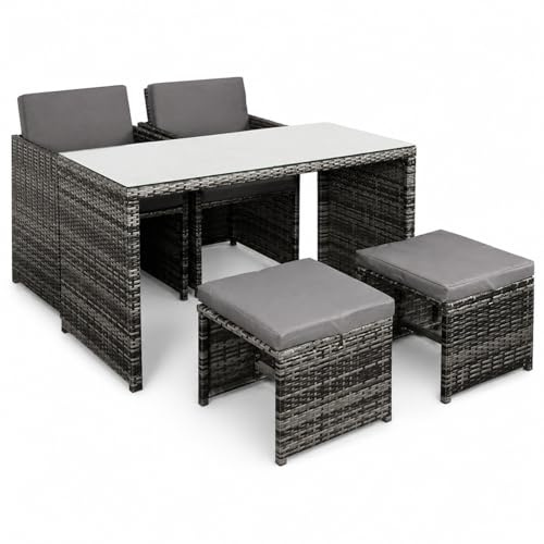 Panana Rattan Garden Dining Set, 4 Seater Space Saving Patio Furniture with Glass Table, 2 Armchairs & 2 Stools, Cushioned Outdoor Table and Chairs for Balcony Terrace Decking
