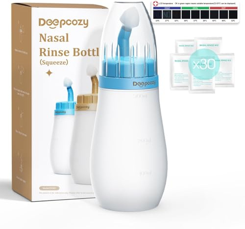 DeepCozy Neti Pot Sinus Rinse Kit, Soft Tip Silicone Netting Pot for Sinus Squeeze Bottle, Nose Wash Cleaner Pressure Rinse for Adult & Kid 300ml/10oz with 30 Saline Packets（Blue）
