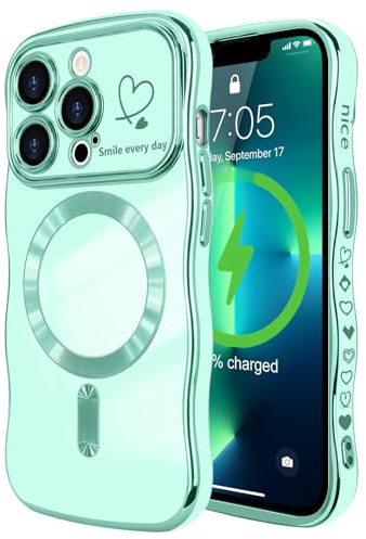 LCHULLE Magnetisch Handyhülle für iPhone 13 Pro Hülle [Kompatibel mit Magsafe] Liebesherz Schutzhülle Kameraschutz Wellen Lockige Form Galvanisch Silikon Case für iPhone 13 Pro Hellgrün