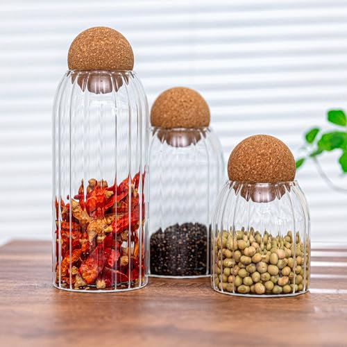 Set of 3 Glass Storage Jars with Wooden Ball Cork Airtight Lids