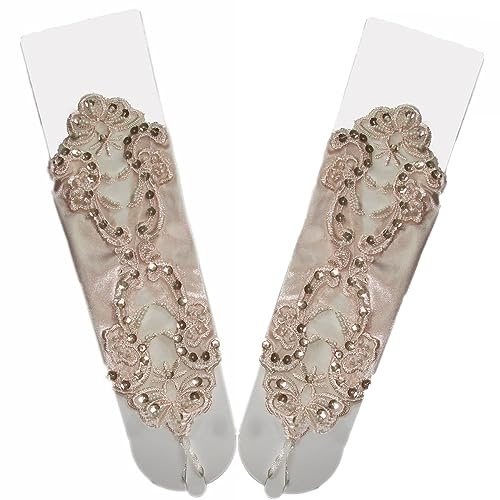 Anevous Spitzen Pailletten Handschuhe Damen Klassische Handschuhe 1920er Jahre Elastisch Fingerlose Brauthandschuhe Tanzhandschuhe für Damen Braut, Hochzeit Bankett Party,Champagner