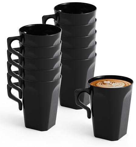 MATANA 50 Black Hard Plastic Coffee Mugs, 255ml - Cups with Handles for Coffee, Tea, Chocolates, Hot & Cold Drinks - Sturdy & Reusable - Camping, Picnic, Barbecues, Parties
