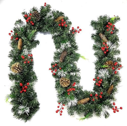 Homewit 5m Weihnachtsgirlande, Tannengirlande mit 10 Tannenzapfen und 10 Roten Beeren, Wiederverwendbare Weihnachtsdeko für Innen und Außen, Perfekt für Kamin, Treppe und Haustür