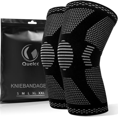 Quelcc 2 Pezzi Ginocchiera, Fascia a Compressione, Fascia Elastica Ginocchio, Supporto per Ginocchio da Uomo e Donna, Fascia Ginocchio per Corsa, Artrite, Lesioni al Menisco, Nero, XXL