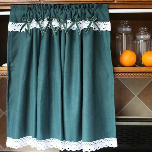 Tolldek 1 Teiliges Scheibengardinen Blickdicht Bad H60 x B270cm, Spitze mit Bow-Knot Vorhang Kurz Schiene, Rod Pocket Polyester Gardinen Vorhang Deko für Fenstervorhang Wohnzimmer, Dunkel Grün