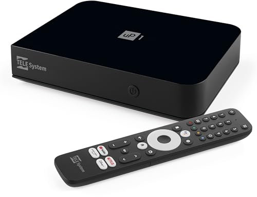 TELE System UP1 Decoder Digitale Terrestre Android TV 4K Ultra HD, Certificato Netflix, Prime Video, Disney+, Chromecast Built-in, DVB-T2 HEVC, HDR10+ HLG, AV1, HDMI/SCART.