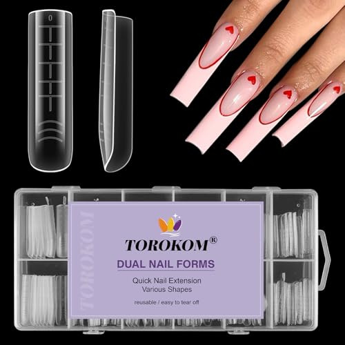 TOROKOM Dubbla nagelformar för poly-förlängningsgel, 120 stycken naglar dubbla former builder gelnagelformar för solid lim manikyr design salong och gör-det-själv