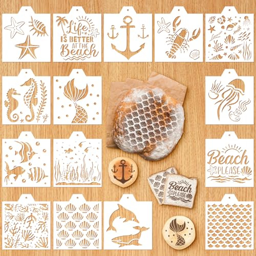 Whaline 15 plantillas de galletas de océano de verano, plantillas de pintura con aerógrafo, diseño de sirena, con cadena de cuentas, plantillas decorativas para hornear galletas, pasteles, fiestas