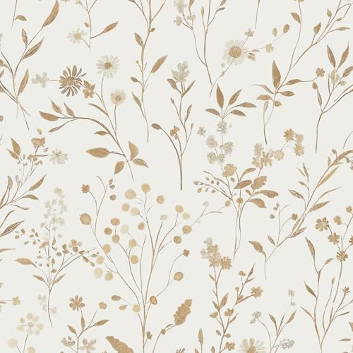 LiKiLiKi Möbelfolie Selbstklebend Beige Blumen Mustertapete 44×1000 cm Vintage Blumentapete für Möbel Schrank Wohnzimmer Küche Wasserdicht, Leicht zu Reinigen und Glatte Oberfläche