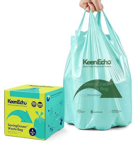 KeenEcho 15L 200 Counts Small Green Bin Liners with Handle, Ocean Fishing Nets Upcycling, Sage & Sea Salt Scented, Plastic Bin Bags, Waste Bag for Kitchen, Bathroom, Office and Pets