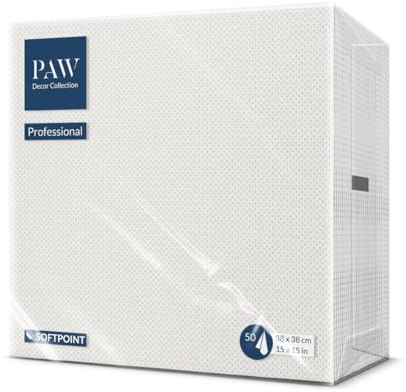 PAW Servietten 38 x 38 cm, 50 Stück Soft Point - Weiß | Stoffähnlich weich und dabei stabil, lebensmittelecht, ideal für Gastronomie, Hotels und Cafés, made in Europe