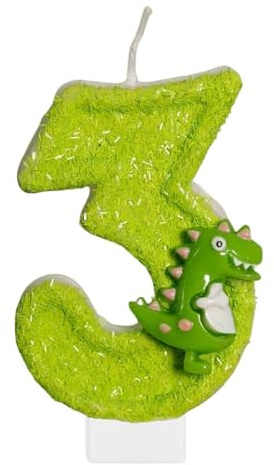 DazzJoy Dino Geburtstagskerzen Zahlen 3, Dino Kerze 3 Geburtstag Junge, Dinosaurier Geburtstagskerze 3 Jahre Jungen, Dino Tortendeko Geburtstag 3 Jahre Junge, Zahlenkerze 3 Grün(ca.7,2cm)