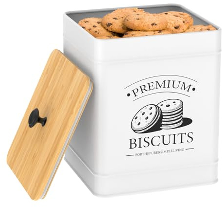 TNTGMG Boîte à biscuits en métal avec couvercle hermétique en bambou, 19,5 x 19,5 x 26 cm, grand récipient alimentaire vintage pour bonbons, biscuits, desserts, ferme blanche, boîte à biscuits pour