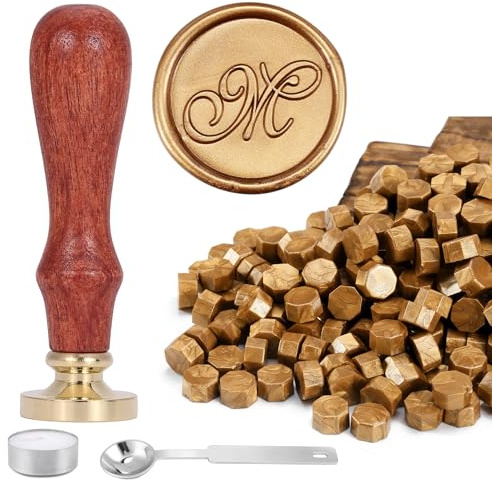 Filhome 120 Stück Siegelwachs Gold Perlen Set Wachssiegel Stempel mit 1 Siegelstempel M, 1 Schmelzlöffel, 1 Teelichte Siegelwachs Set für Umschlag/Einladungen/Karten/Geschenk (M)