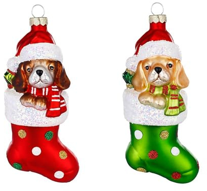 Christbaumschmuck Glas 14cm - Hund im Strumpf Figur zum Aufhängen - 1 Stück Sortiert - handbemalt - Weihnachtsbaum Anhänger für Weihnachten - Christbaumanhänger & Weihnachtsbaumschmuck - Tiere